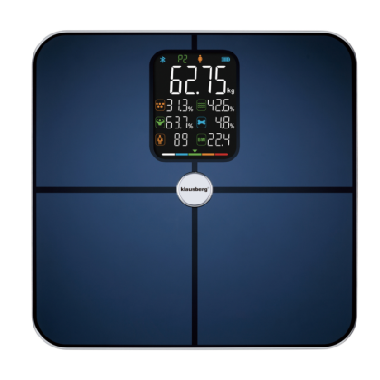 Дигитален кантар Klausberg KB 7940, 180 Kg, BIA, LCD, Bluetooth, 12 показателя, Закалено стъкло, Тъмносин