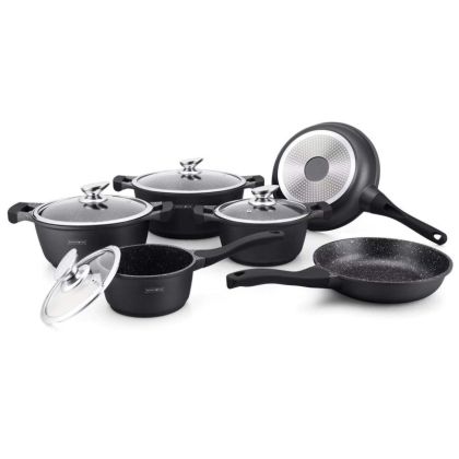 Комплект тенджери и тигани Royalty Line RL-BS1010M, Отливка, 10 части, Индукция, Мраморно покритие, Черен