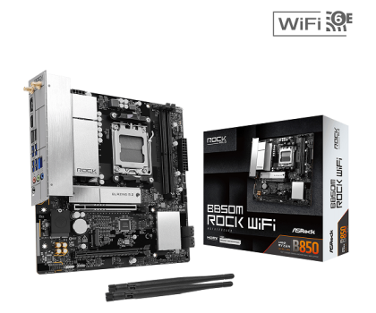 ASROCK MB B850M Rock WiFi 7, AM5, 2x DDR5, 1x PCIe 5.0 x16, 1x PCIe 3.0x16, 1x Blazing M.2, 1x Hyper M.2, 4x SATA3, RAID 0, 1, 10, 7.1 CH HD Audio, 1x HDMI, 6x USB 3.2, 5x USB 2.0, 1x USB-C, 2.5G LAN, 2x Wi-Fi 6E, BT, 1x HDMI, 1x DP, mATX