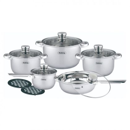 Комплект тенджери и тигани Rosberg R51210L12BM, 12 части, Многослойно дъно, Неръждаема стомана, Сребрист