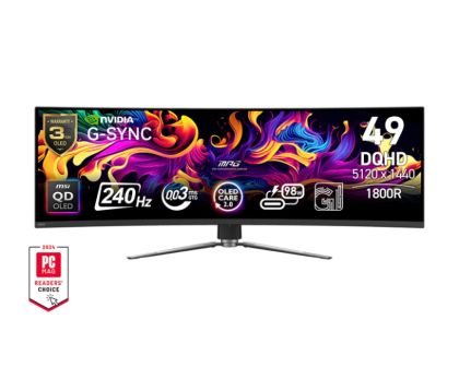 Монитор MSI MPG 491CQPX QD-OLED, 49" QD-OLED Curved 1800R, DQHD (5120x1440) 240Hz, 32:9, 0.03ms, 1000cd/m2, 1.5M:1, NVIDIA G-Sync, 2xHDMI, DP, USB Type-C, USB hub, Black