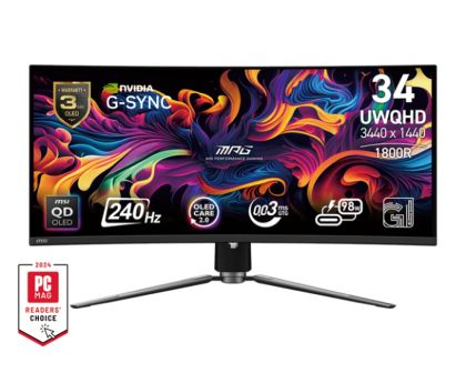 Монитор MSI MPG 341CQPX QD-OLED, 34.18" QD-OLED Curved 1800R, UWQHD (3440x1440) 240Hz, 21:9, 0.03ms, 1000cd/m2, 1.5M:1, NVIDIA G-SYNC, DP, 2xHDMI, USB Type-C, USB hub, Black