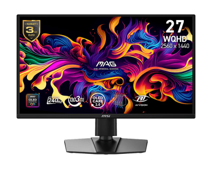 Монитор MSI MAG 272QP QD-OLED X24, 26.5" QD-OLED, WQHD (2560x1440) 240Hz, 16:9, 0.03ms, 400cd/m2, 1.5M:1, AMD FreeSync™ Premium, NVIDIA G-SYNC, DP, 2xHDMI, USB Type-C, Black