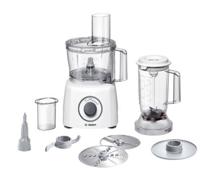 Кухненски робот Bosch MCM3200W, Kitchen machine, MultiTalent 3, 800 W, BPA-free, plastic bowl 2.3 l , Double-sided stainless steel disc for cutting and planing, suitable for crushing ice, Dough attachment, white