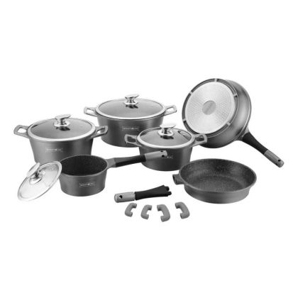 Комплект тенджери и тигани Royalty Line RL-ES1014M Silver, Лят алуминий, 14 части, Мраморно покритие, Сребрист