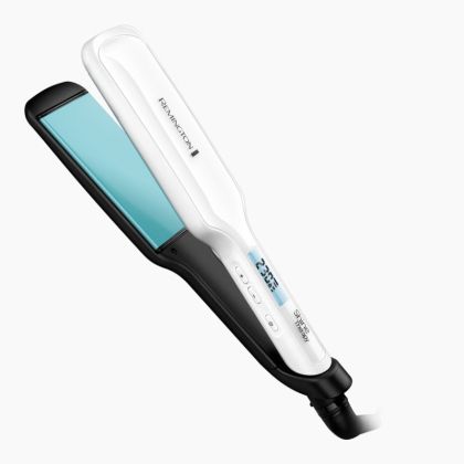 Преса за коса Remington S8550 Shine Therapy, Керамично покритие с арганово масло+витамин Е, 235°C, 10 настройки, Широки плочи, Бързо загряване, Бял