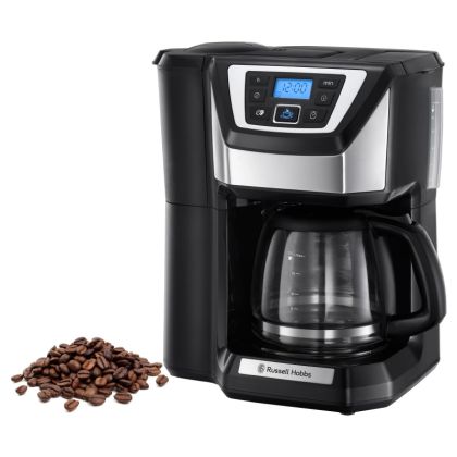 Кафемашина с вградена мелачка Russell Hobbs Victory Grind & Brew 22000-56, 1025W, 1.5 л, 250 гр, 12 чаши, Таймер, Вграден филтър, Черен/инокс