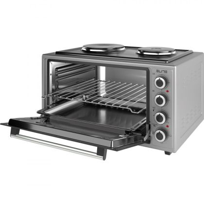 Малка готварска печка Elite EMO-48302G, 2000W, 48 л, 3 функции, Двойно стъкло, Термостат, Таймер, Инокс