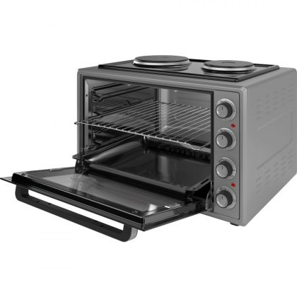Малка готварска печка Elite EMO-70302G, 2000W, 70 л, 3 функции, Двойно стъкло, Термостат, Таймер, Инокс