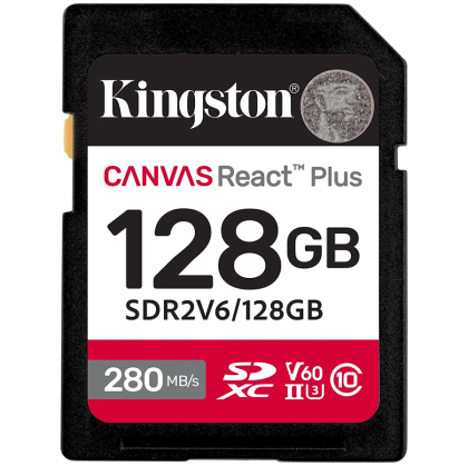 SD памет 128GB KINGSTON Canvas React Plus, SDXC Class 10, UHS-II, U3, V60, up to 280MB/s