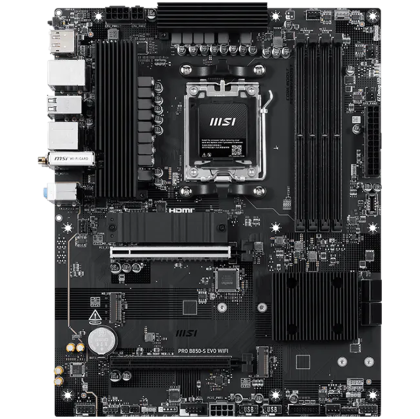 MSI PRO B850-S EVO WIFI, ATX, Socket AM5, 4x DDR5 Dual Channel up to 8200(OC)MHz, 2x PCIe x16 slot, 3x M.2 slot, 4x USB 2.0, 2x USB 5Gbps, 2x USB 10Gbps, 1x USB 10Gbps Type-C, HDMI, DP, 7.1 HD Audio, 5G LAN, WiFI 7, BT, 3Y