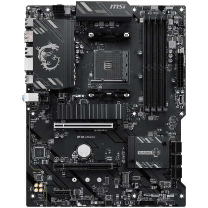 MSI B550 GAMING, ATX, Socket AM4, 4x DDR4 Dual Channel up to 4866+(OC)MHz, 2x PCIe x16 slots, 2x M.2 slots, 2x USB 3.2 Gen 2 (1x Type-C), 2x USB 3.2 Gen 1, 4x USB 2.0, 1x HDMI, 1x DP, 1G LAN, 7.1 HD Audio, 3Y