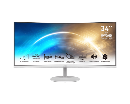 Монитор MSI PRO MP341CQW V1, 34" VA Curved 1500R, UWQHD (3440 x 1440) 100Hz, 21:9, 1ms, 300 cd/m², 3000:1, AMD FreeSync, Speaker 2x2W, 2xHDMI, DP, White