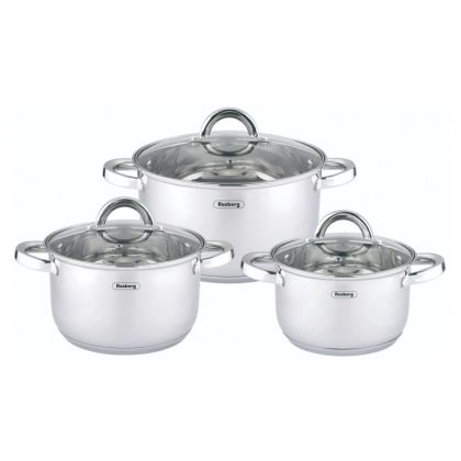 Комплект тенджери Rosberg R51210L6C, 6 ч, Мерителна скала, Стъклени капаци, Неръждаема стомана, Индукция, Сребрист