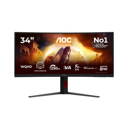 Монитор AOC CU34G4ZCA, 34" Curved 1500R, Fast VA, WLED, 3440x1440@250Hz, 1ms GtG, 0.3ms MPRT, 450cd m/2, 3000:1, Adaptive Sync, FlickerFree, Low Blue Light, Tilt, Height Adjust, Swivel, 2xHDMI, DP, USB hub