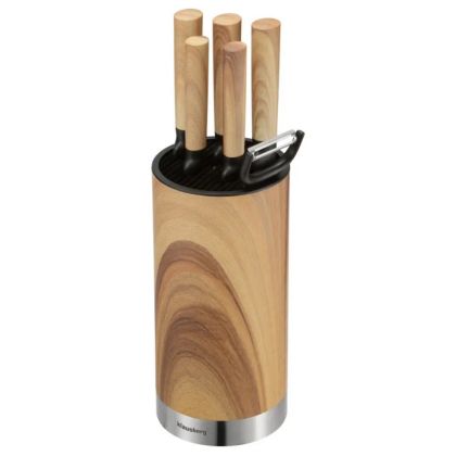Комплект кухненски ножове Klausberg KB 9036, 7 ч, Неръждаема стомана, Дървесен ефект, Стойка, Кафяв