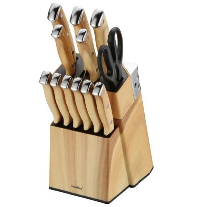 Комплект кухненски ножове Klausberg KB 9038, 13 ч, Вградено точило, Неръждаема стомана, Стойка, Кафяв