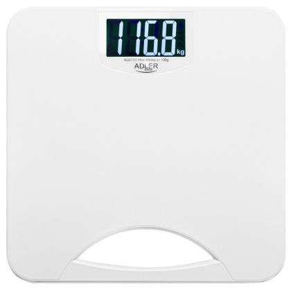Кантар Adler AD 8193, До 250 кг, LCD, Индикатори за батерия и претоварване, Неплъзгащ се, Бял