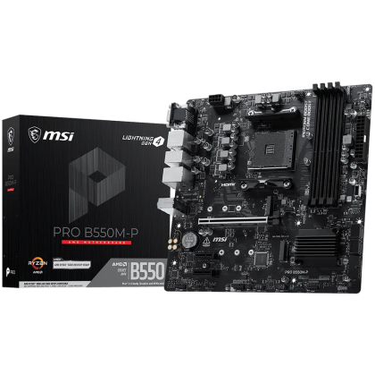 MSI PRO B550M-P, M-ATX, Socket AM4, 4 DIMM, Dual Channel DDR4 up to 4400+(OC)MHz, 1x PCIe 4.0 x16 slot, 2x M.2 slots, 4x USB 3.2 Gen 1, 2x USB 2.0, 1x HDMI,1x DP, 1x VGA, 1G LAN, 7.1 Audio, 3Y