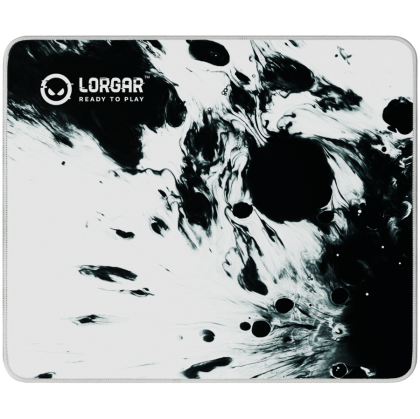 full print white and black design, bottom is black rubber with embossed LORGAR logo with double side edge stitching