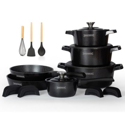 Комплект тенджери и тигани Royalty Line Premium RL-OS1014B, 17 ч, Отливка, Greblon мраморно покритие, Индукция, Черен