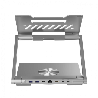 Стойка за лаптоп с отделящ се хъб CANYON CNS-SDS2 OnStand 2, TYPE C F to HDMI2.0+2USB3.0+USBC3.0+RJ45+PD, TYEP C TO C cable 1m white with Emarker: HUSB332A, Material: Aluminum case+ABS+PS, Size: 245x240x27.2+/-0.3mm, Weight:1304g