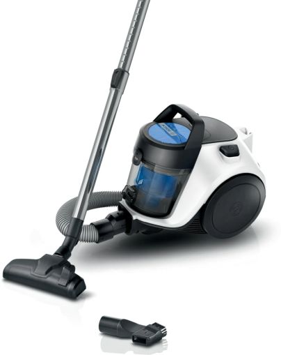 Прахосмукачка Bosch BGC05LW2, SER2, Bagless vacuum cleaner Cleann’n, white/blue, 700W, 1 Furniture brush and crevice nozzle, 76 db(A), 1,5 l, EPA 12 wahsable 99.9%