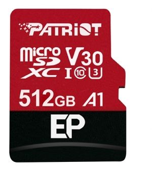 MicroSD памет 512GB PATRIOT EP Series, microSDXC Class 10, UHS-I U3 A1 V30 + SD адаптер