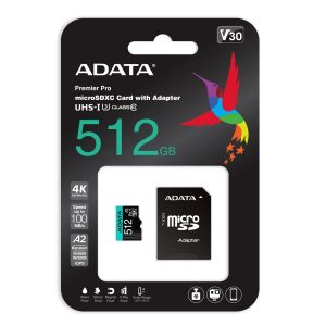MicroSD памет 512GB ADATA Premier Pro microSDXC Class 10 U3 + SD Адаптер