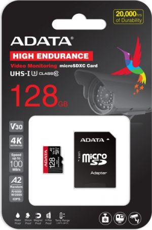 MicroSD памет 128GB ADATA High Endurance microSDXC UHS-I U3 V30 A2 + SD Адаптер 
