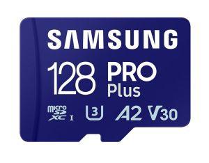 MicroSD памет 128GB SAMSUNG PRO Plus microSD Card (2023), microSDXC UHS-I U3, V30, A2 + SD адаптер