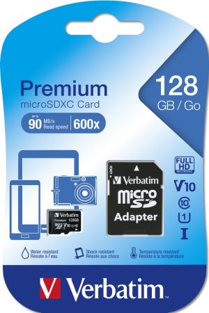 MicroSD памет 128GB VERBATIM Premium, microSDXC UHS-I V10 U1 Class 10 + SD Адаптер