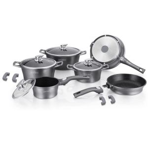 Комплект тенджери и тиган ROYALTY LINE RL-ES2014M, 14 части, Мраморно покритие, Индукция, Сребрист