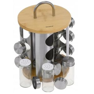 Бурканчета за подправки на стойка KLAUSBERG KB 7552, 12бр. бурканчета, Бамбук и стомана, Инокс/кафяв