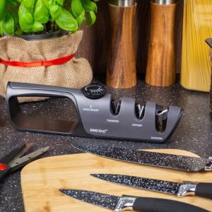 Точило за ножове и ножици - регулируем ъгъл KINGHOFF KH 1636, Грубо/фино заточване, 14-24 градуса, Сив