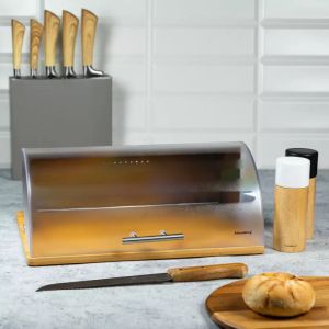 Кутия за хляб KLAUSBERG KB 7096, 39 см, Метал, Дървена основа, Инокс/Кафяв