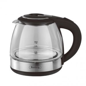 Електрическа кана ROSBERG R51230Q, 1500W, 1 L, Стъклена, LED светлини, Инокс/черен