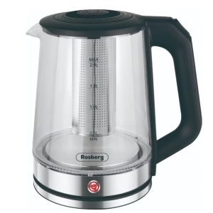 Електрическа кана с филтър за чай ROSBERG R51230R, Светеща, 1500W, 2L, Стъкло, Сребрист