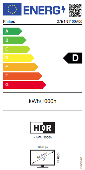 Монитор PHILIPS 27E1N1100A/00, 27" IPS, FullHD (1920x1080) 100Hz, 16:9, 1ms, 250 cd/m², 1300:1, AMD FreeSync, Speaker 2x2W, HDMI, VGA, Black