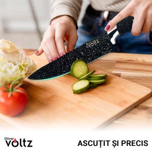 Комплект ножове със стойка Oliver VOLTZ OV51633G5, Стомана, Мраморно покритие, 6 части, Черен