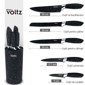 Комплект ножове със стойка Oliver VOLTZ OV51633G5, Стомана, Мраморно покритие, 6 части, Черен