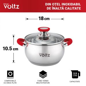 Тенджера Oliver VOLTZ OV51210N18, 18см, 2.5 л, Индукция, Силиконови дръжки, Инокс/червен