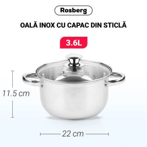 Тенджера ROSBERG R51210O22, 3.6L, 22 см, Стъклен капак с отвор за пара, Инокс