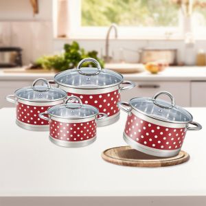 Тенджера ROSBERG R51210I24, 24 см, 6.1 литра, Двойно дъно, Индукция, Инокс/червен с бели точки