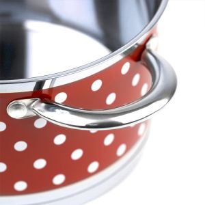 Тенджера ROSBERG R51210I24, 24 см, 6.1 литра, Двойно дъно, Индукция, Инокс/червен с бели точки