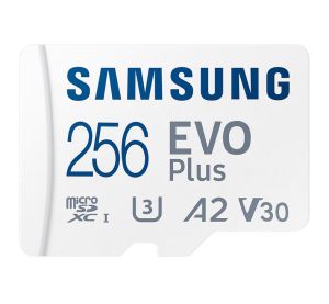MicroSD памет 256GB SAMSUNG EVO Plus, microSDXC UHS-I U3 V30 A2 Class10 + SD Адаптер