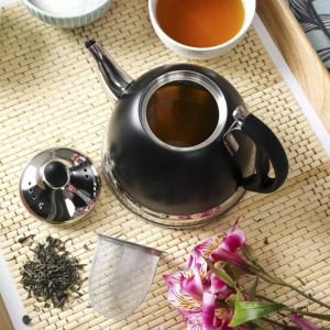 Чайник с цедка KINGHOFF KH 1538, 1 литър, Инокс, Черен/Сребрист