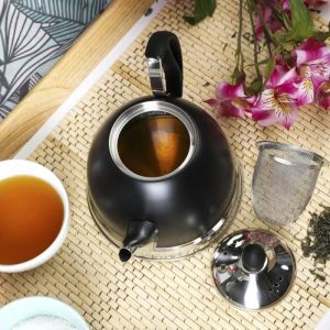 Чайник с цедка KINGHOFF KH 1538, 1 литър, Инокс, Черен/Сребрист