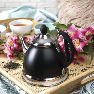 Чайник с цедка KINGHOFF KH 1538, 1 литър, Инокс, Черен/Сребрист