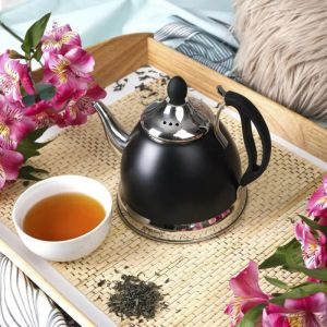 Чайник с цедка KINGHOFF KH 1538, 1 литър, Инокс, Черен/Сребрист